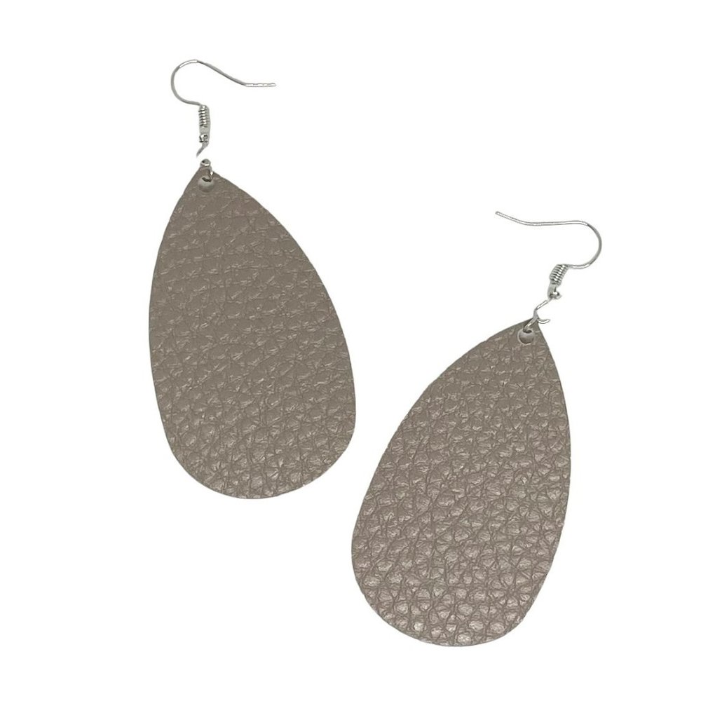 Teardrop Faux Leather Earrings in Warm Pewter Gray Lightweight New Textured
